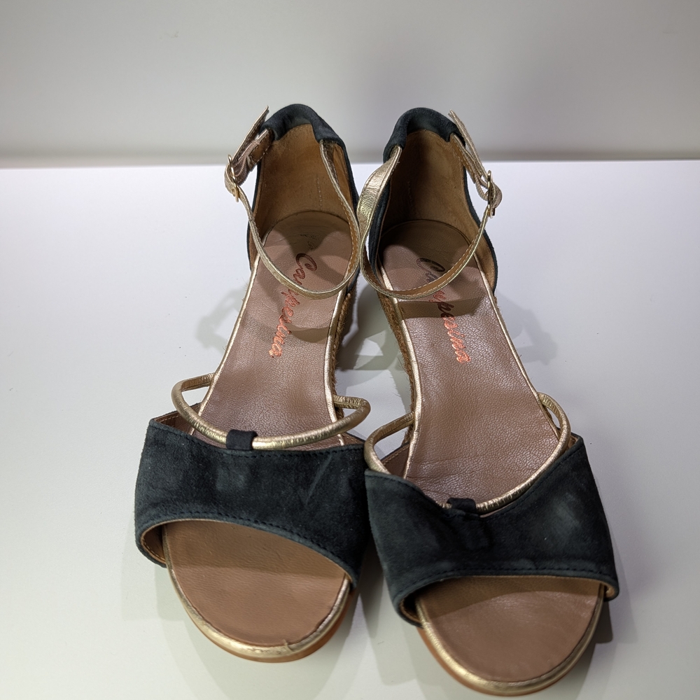 Women's Black Suede and Gold Ankle-Strap Sandals